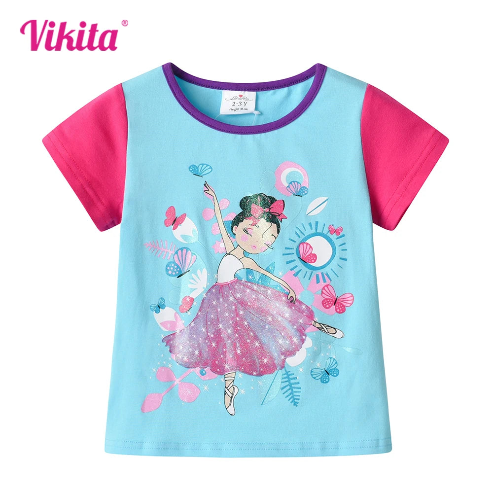 VIKITA Girls Doll Print Cartoon T Shirt Kids O Neck Cotton School Daily Tops and Tees Casual Wear Kids Summer Short Sleeve Tees