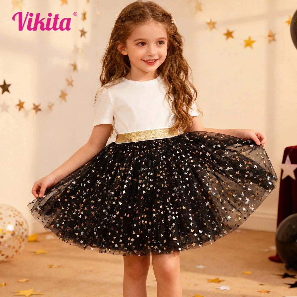 VIKITA Girls Golden Silvery Star Sequins Mesh Tutu Skirts Glittery Black Tulle Princess Party Dance Ballet Elegant Mini Skirt
