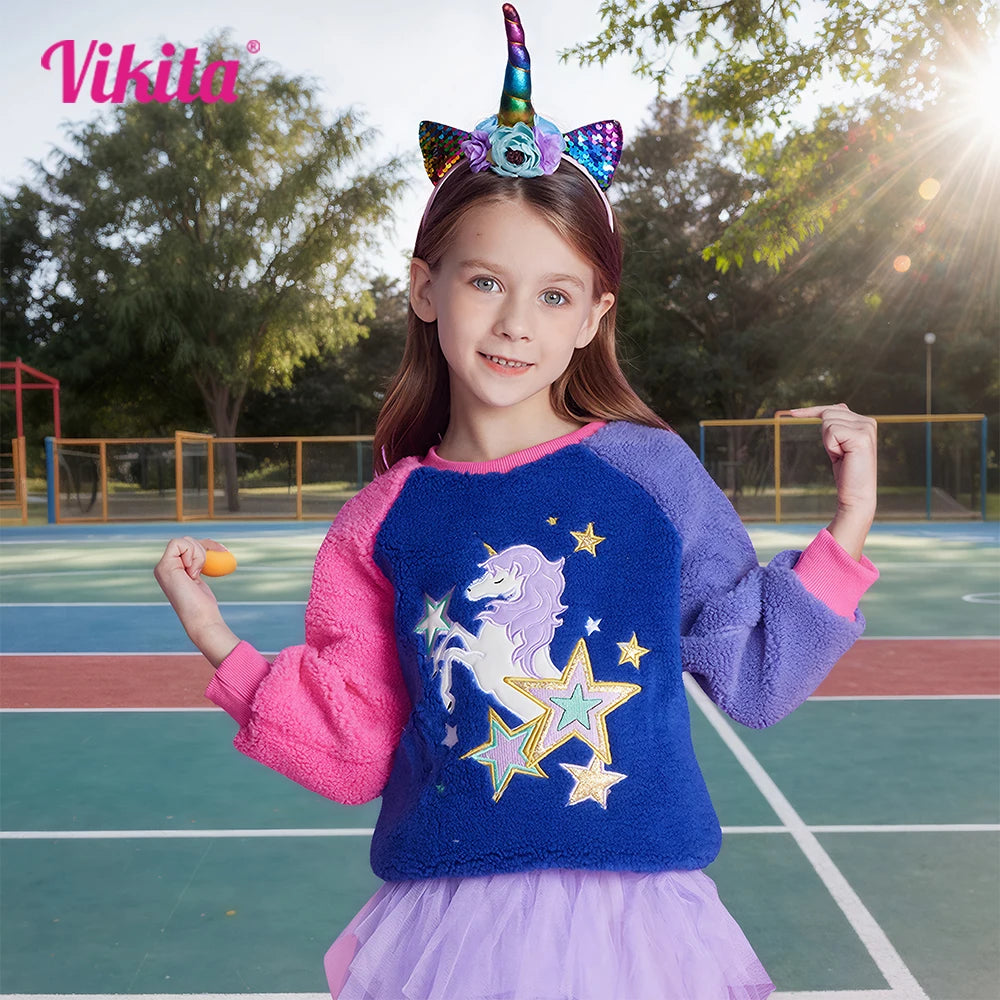VIKITA Toddlers Licorne Star Appliqued Patchwork Sweatshirt Girls Fleece Autumn Winter Soft Sportwear Pullover Tops Costumes