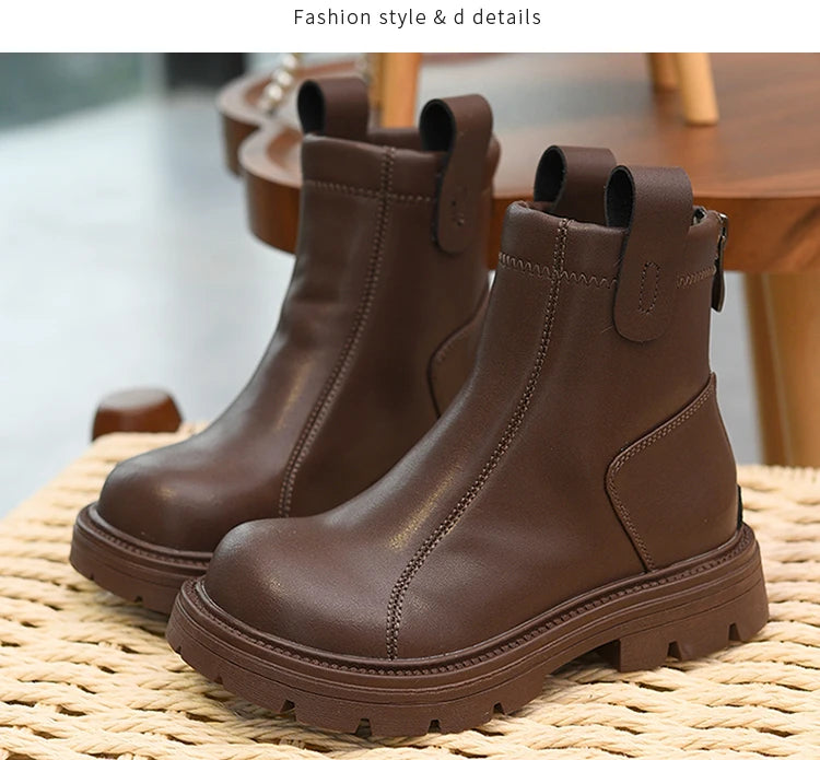 Girls' short boots, genuine leather, children's cotton boots, soft soled leather boots, children's shoes, 2025 autumn and winter