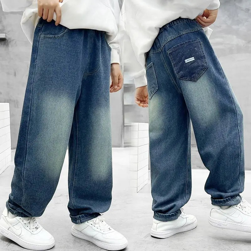 2025 New Boys' Loose Fit Jeans for Kids - Korean Style Washed Denim Long Pants, Trendy & Comfortable
