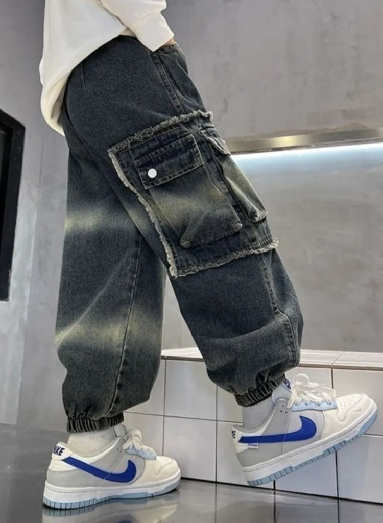 2025 Boys' Cargo Pants All-Season Washed Tie-Dye Denim Long Pants Trendy Casual Style