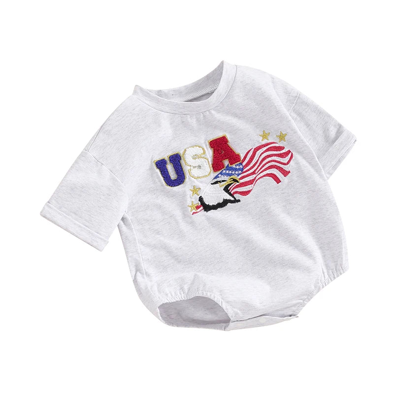 Independence Day Baby Romper with American Flag Print Round Neck Short Sleeve Bodysuit Toddler Patriotic Outfit for 4th of July