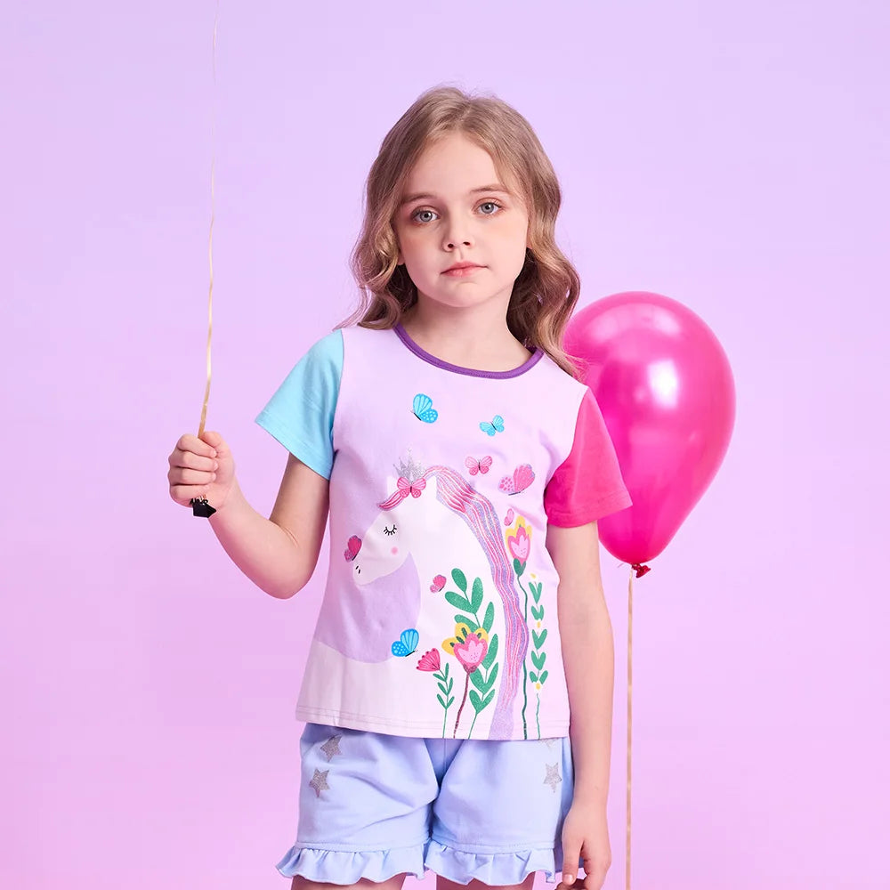 VIKITA Girls O Neck Short Sleeve Summer T Shirt Kids Unicorn Flower Cartoon Print T Shirts Girls Daily Cotton Casual Tops Wear