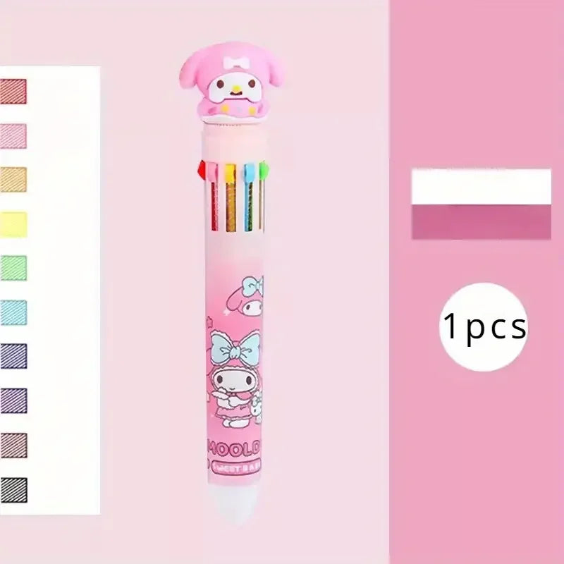 Sanrio 10-Color Ballpoint Pen Set - Kuromi Hello Kitty Cinnamoroll Kawaii 0.7mm Gel Pens for School Office Stationery Drawing Wr
