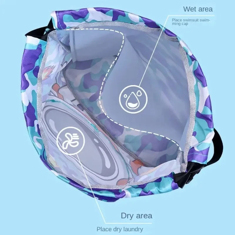 Kids Swim Beach Bag Drawstring Backpack with Shoe Compartment Cartoon Pool Bag for for Wet Swimming Sport Travel Boys Girls