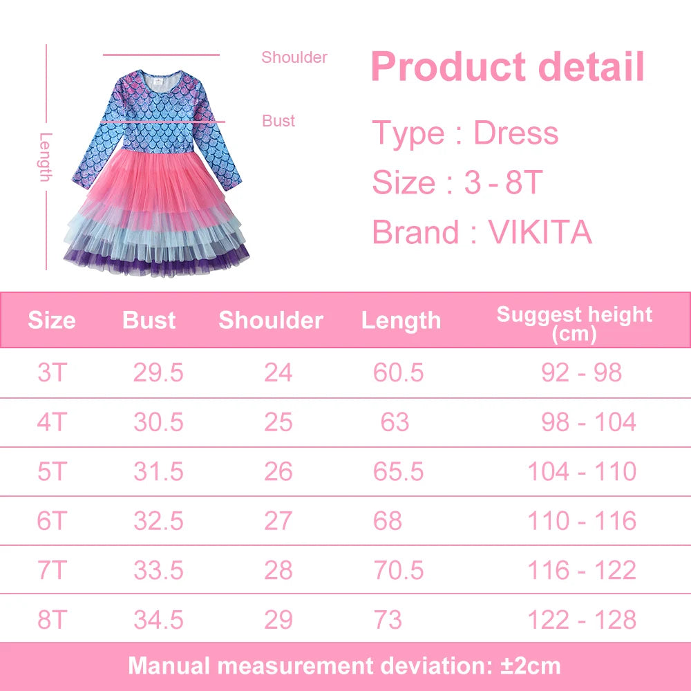 VIKITA Kids Long Sleeve Dress Girls Mermaid Print Dresses Kids Gradient Colorful Dress Girl Princess Layered Tulle Tutu Dresses