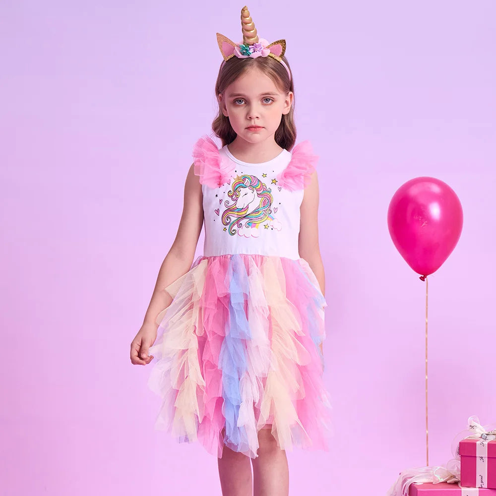 VIKITA Girls Tutu Dress Toddlers Summer Flare Sleeve Princess Dresses Girl Unicorn Cartoon Party Layered Dress Children Clothing