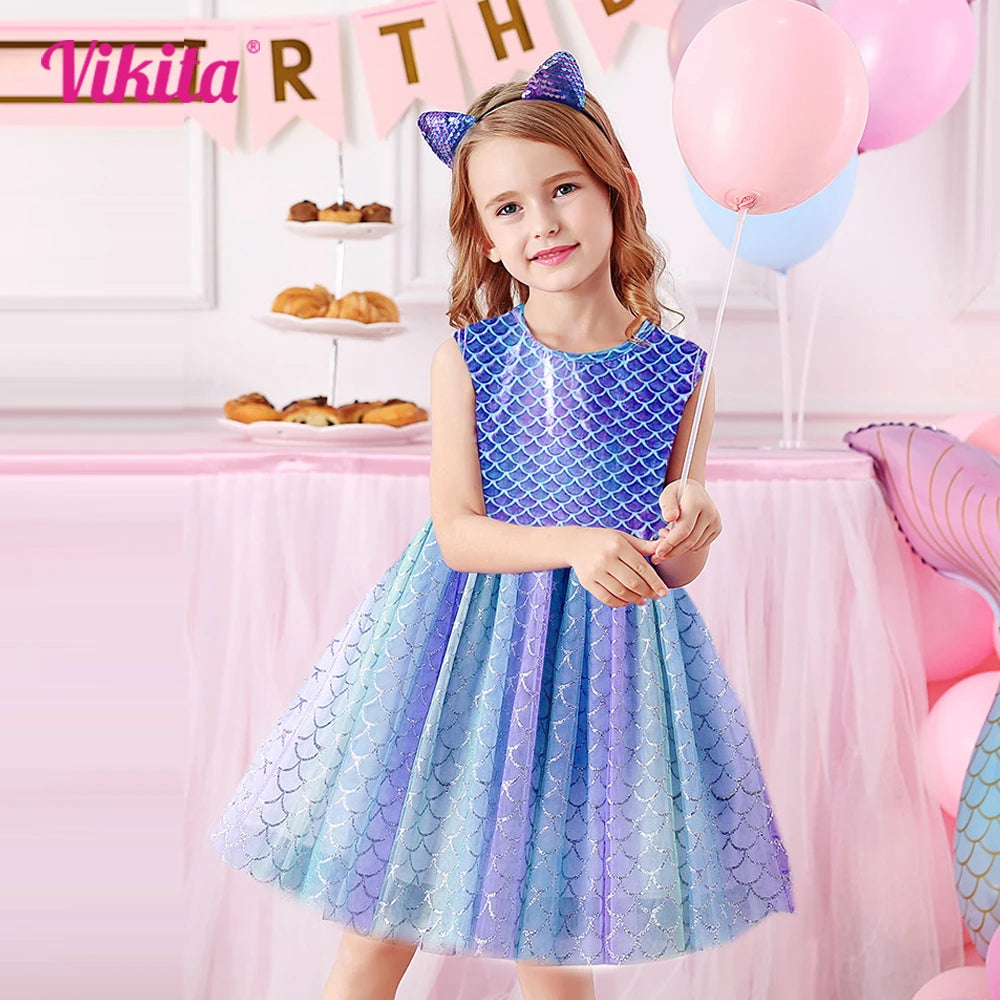 VIKITA Girls Mermaid Dress Children Princess Tutu Dress Toddlers Summer Sleeveless Dress Kids Birthday Party Casual Prom Gown