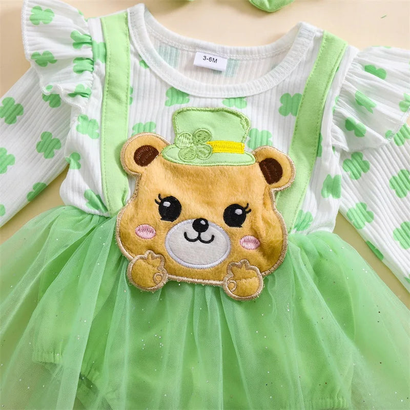 Infant Girls Floral Print Long Sleeve Romper Dress with Bear Embroidery and Matching Headband for Spring Season