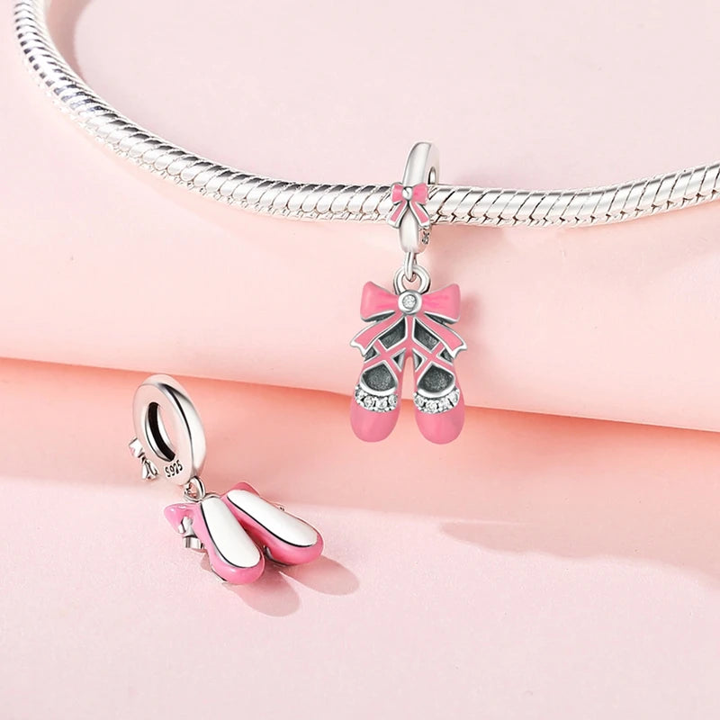 925 Sterling Silver Original Pink Ballet Shoes Charms Ballet Dancer Pendants For Women DIY Bead Fit Original Bracelet Necklace