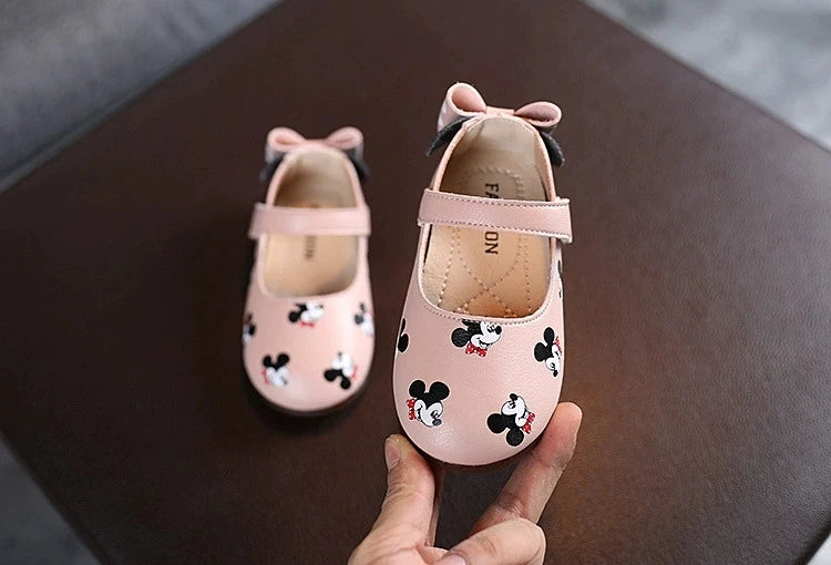 Disney Casual Shoes Kids Mickey Mouse Shoes For Girls Outdoor White Pink PU Leather Children Flats Soft Toddler Size 21-30