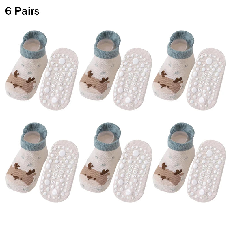 6 Pairs Spring Summer Kids Cotton Socks Children Autumn Cute Cartoon Animal Pattern Comfy Breathable Baby Non-slip Floor Socks