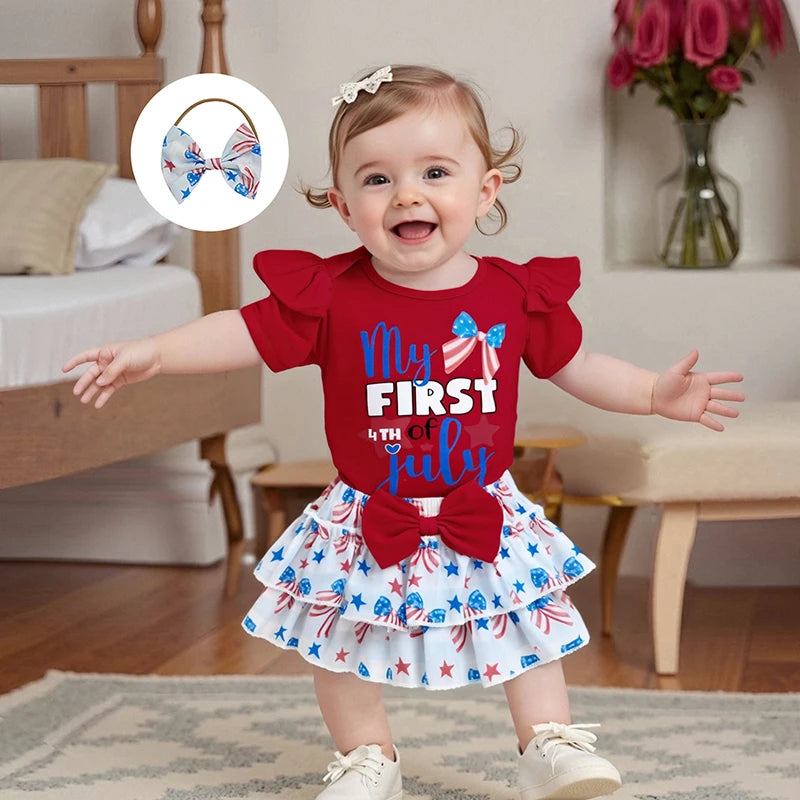 American Flag Print Sleeveless Romper Striped Ruffled Shorts Bow Headband Set for Baby Girl s Independence Day Outfit
