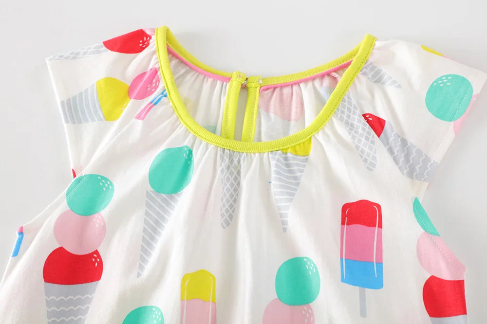 VIKITA Girls Camisole Sling Suspenders Sleeveless Summer Dress Kids Ice Cream Print Flare Sleeve Dresses Children Clothing