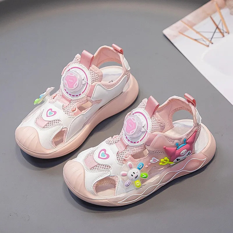 Sandals Girls Cartoon PU Leather Summer Fashion Outdoor Flat Bottom Breathable Anti-slip Pink Purple Size 26-37