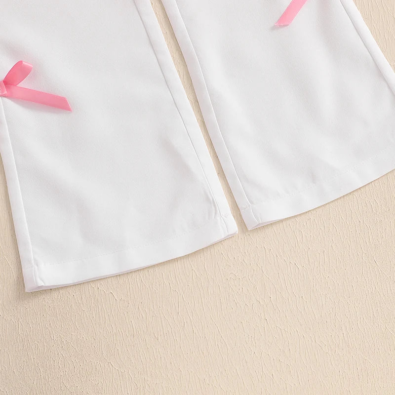 Girls Summer Outfits Adorable Bow Print Short-Sleeve T-Shirt with Button-Up Detail and Elastic Flare Pants - 2-Piece Set for