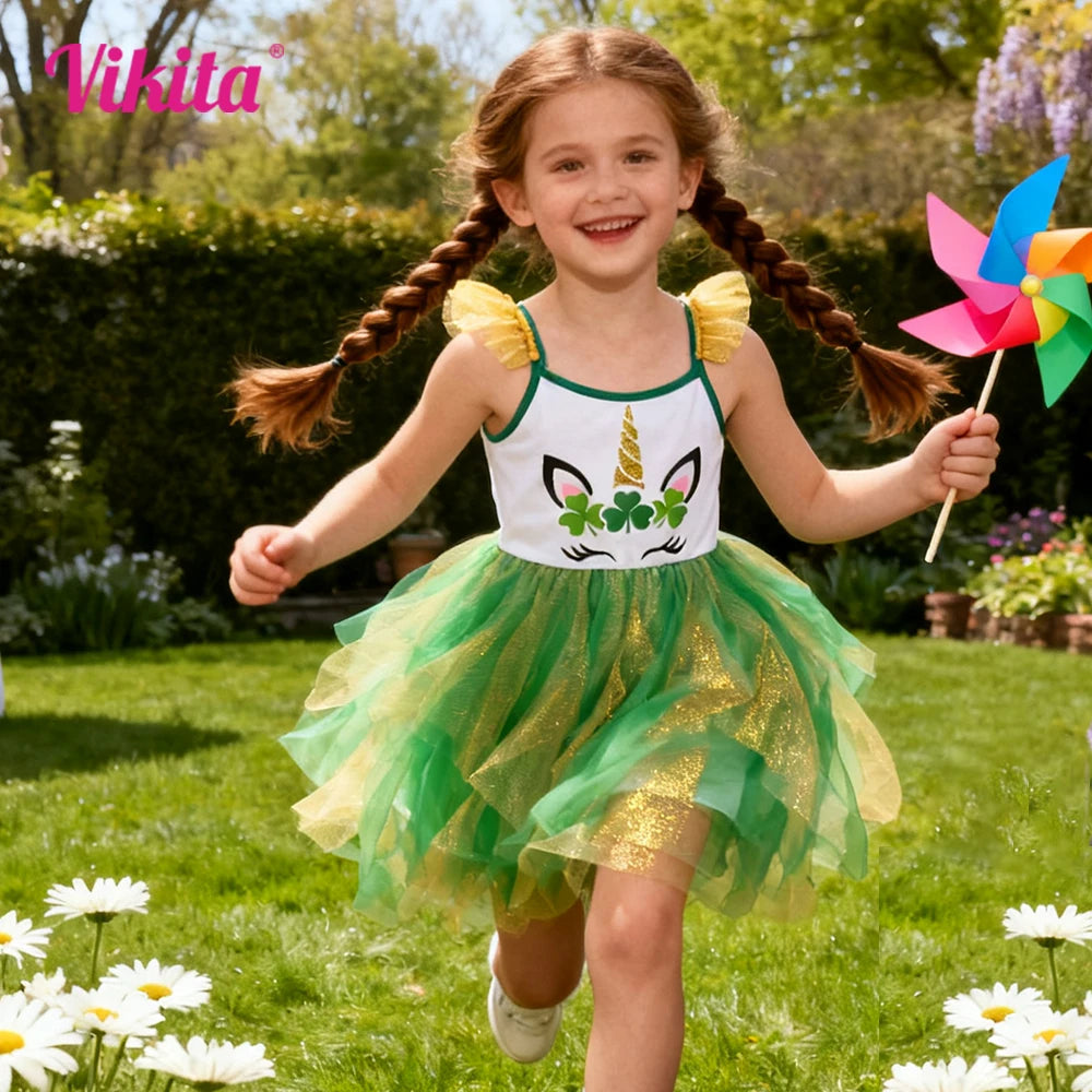 VIKITA Toddlers Girls Green Irregular Tulle Mesh Dress Girls Spaghetti Strap Unicorn Festival Party Princess Tutu Sling Dresses