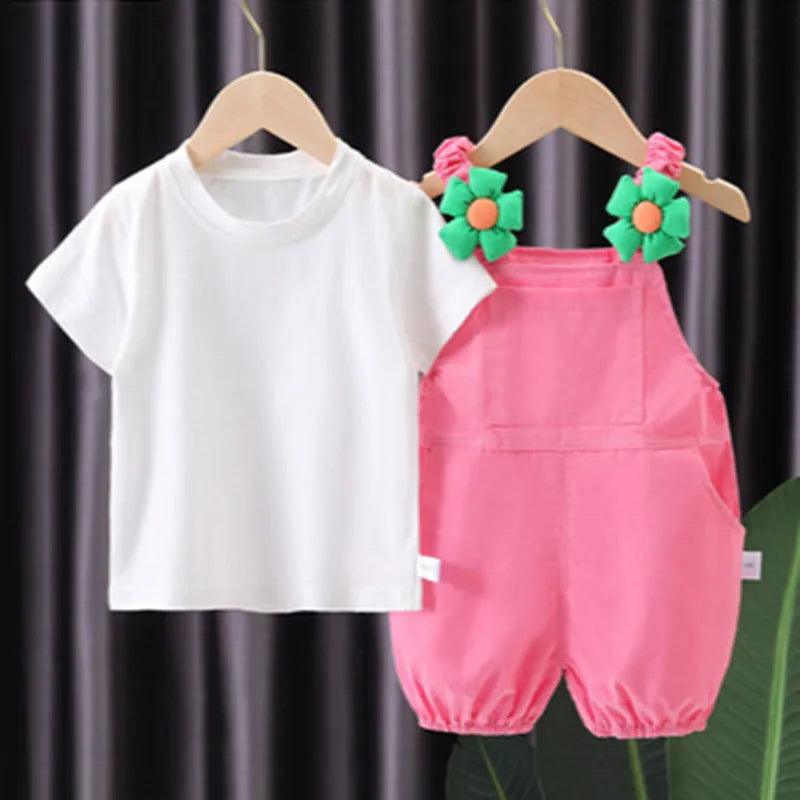 New Summer Baby Clothes Suit Children Girls Cute Short Sleeved T-Shirt Overalls 2Pcs/Sets Toddler Casual Costume Kids Tracksuits