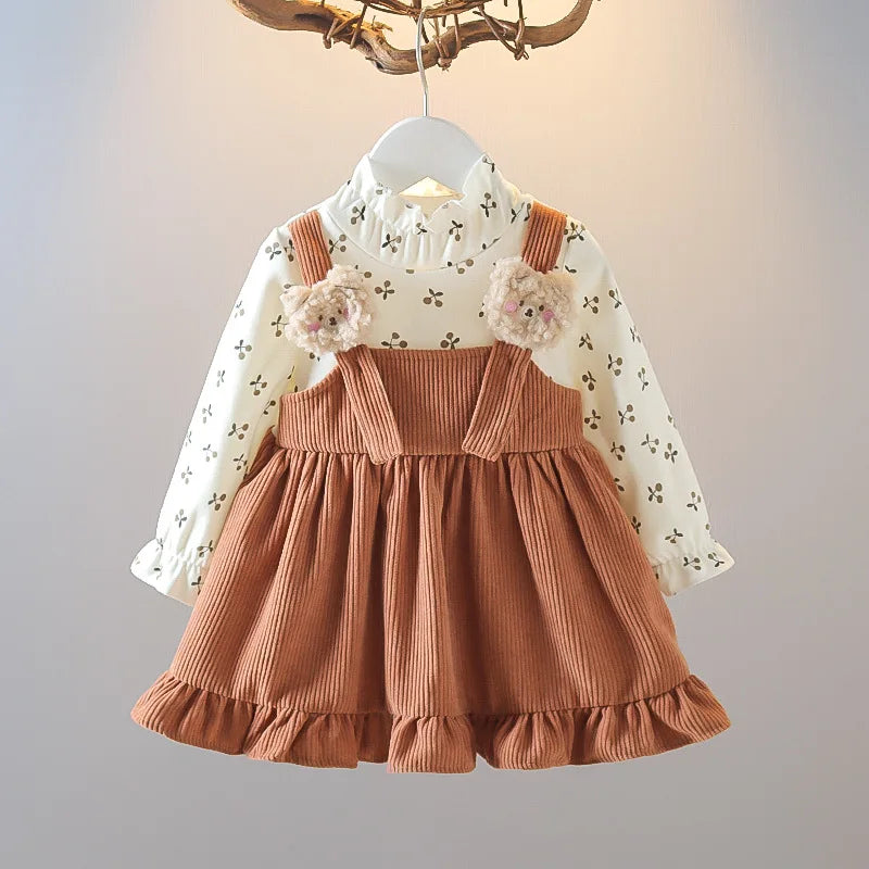 New Fall New Girls Dress Fake Two Upper Body Knitwear Suspenders Corduroy Floral Bear Fluffy Lace Pleated Sweet Princess Dress