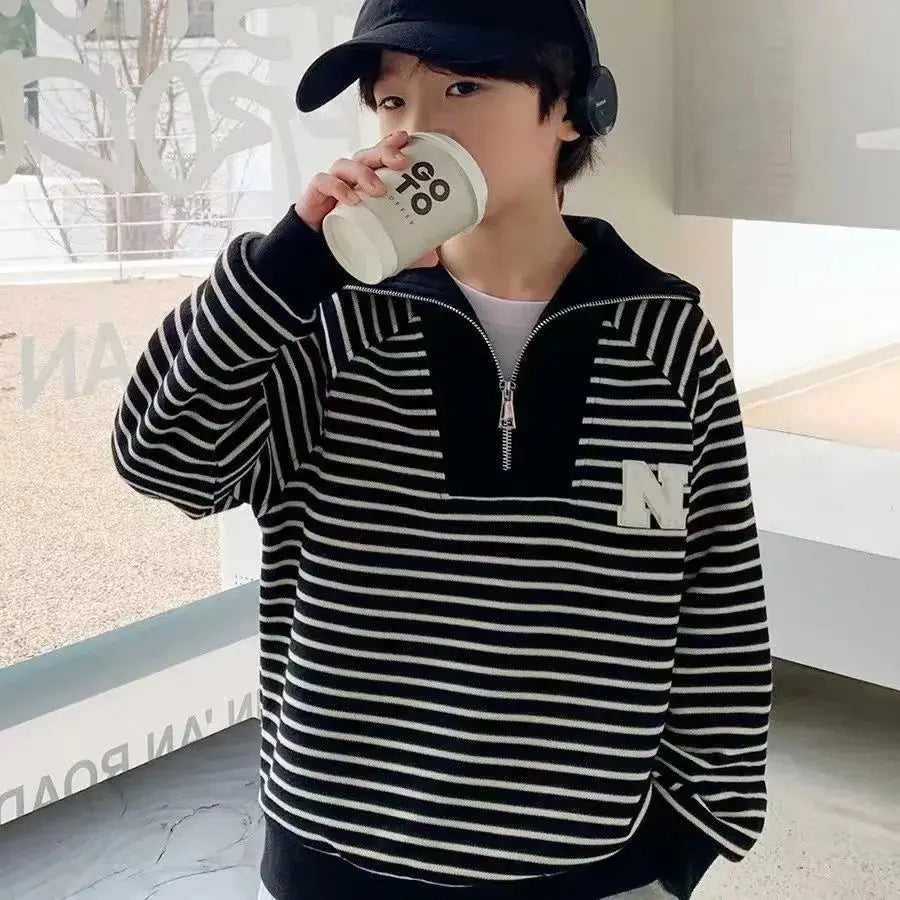 Boys' Medium-Large 2025 Spring/Autumn Korean Style Large Collar Black & White Striped No Hood Sweatshirt