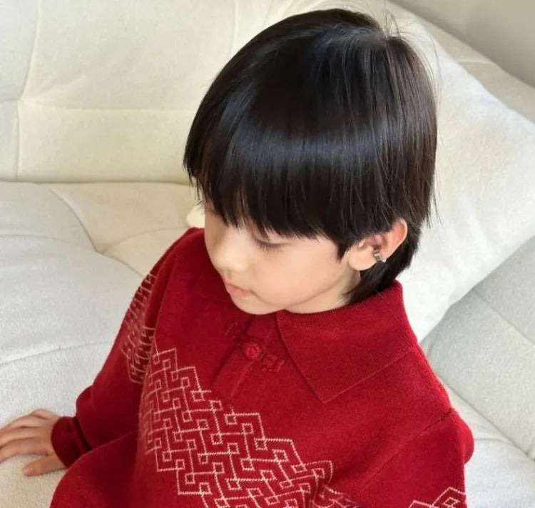 Boys' Red POLO Knit Sweater 2025 Autumn/Winter New Big Kids New Year Outfit Traditional Chinese Style Warmth Crossover Sweater