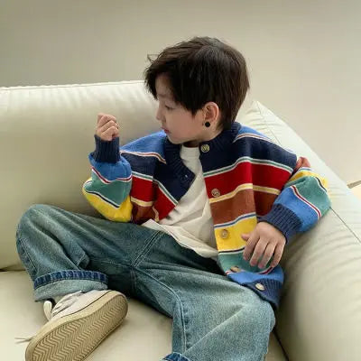 Boys' Forest Style Cardigan Sweater 2025 Spring Autumn New Design, Colorful Stripes Knit Versatile Jacket for Kids Stylish