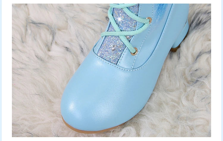 Disney Girls' Leather Boots Winter Cartoon Frozen Boots Side Zipper High Plush Princess Elsa Boots Warm Children's Boots Size 27