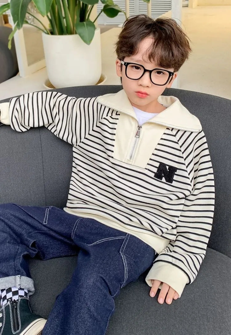 Boys' Medium-Large 2025 Spring/Autumn Korean Style Large Collar Black & White Striped No Hood Sweatshirt