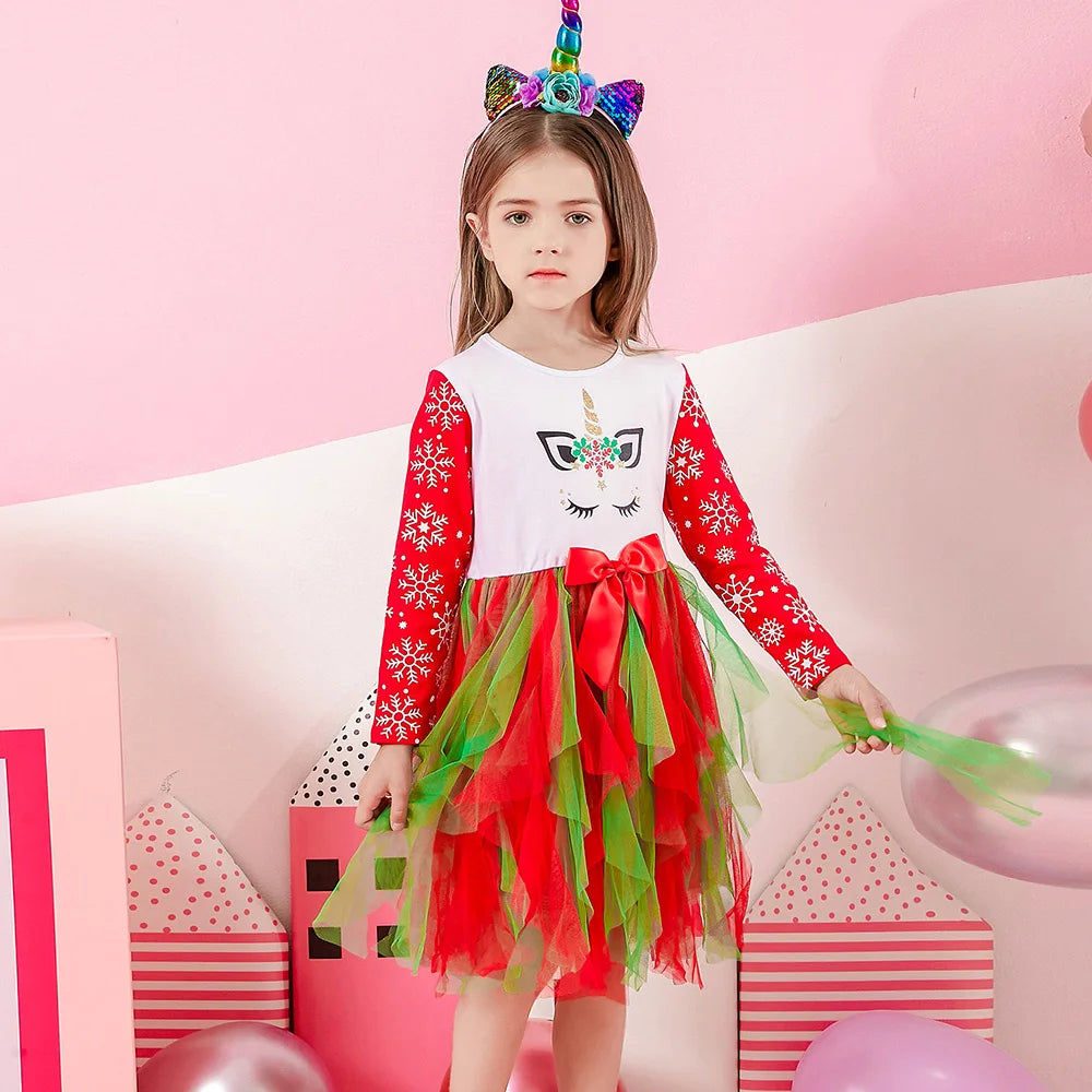 VIKITA Girls Christmas Unicorn Dress Kids Long Sleeve Snowflake Print Tutu Dress with Red Green Tiered Tulle Skirt for Xmas