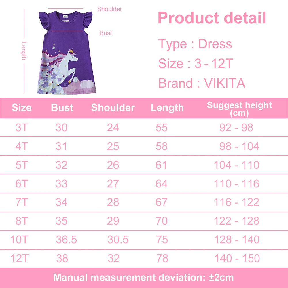 VIKITA Girls Flare Sleeve Summer Dress Kids Cotton Casual Licorne Flower Print Purple Princess Straight Dress Children Clothing