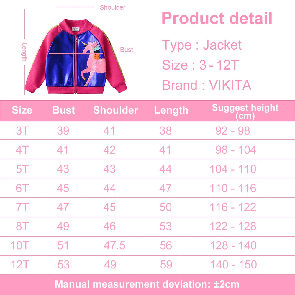 VIKITA Kids Autumn Spring Jacket Coat Girls Unicorn Cartoon Sequined Appliqued Jacket Teenage Girls Casual Sports Outerwear Coat