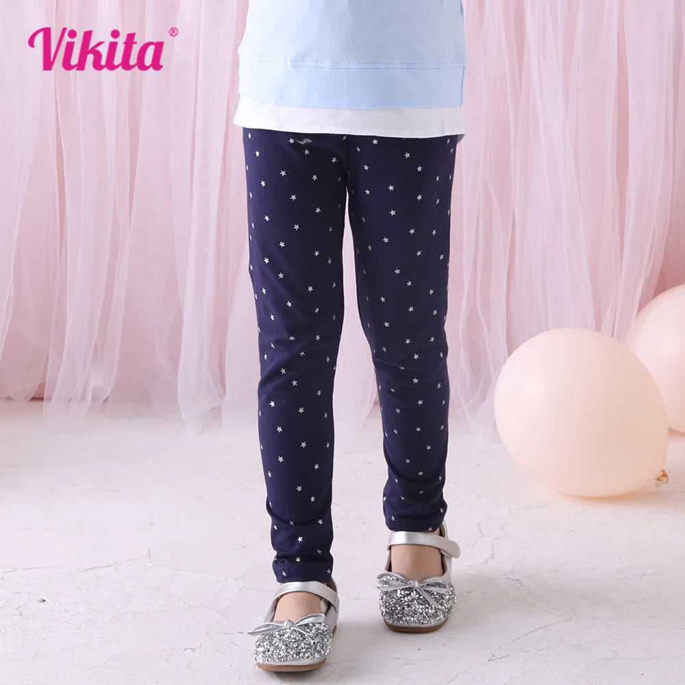 VIKITA 100% Cotton Cozy Toddlers Pants Girls Navy Blue Star Print Skinny Leggings Daily School Casual Wear Trousers for 2 Years