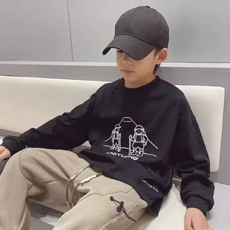 Cartoon Loose Top Kids Boys Clothes Tops Child T-shirt Children's Clothing 7 To 12 Years Spring Autumn Long Sleeve Oversized Boy