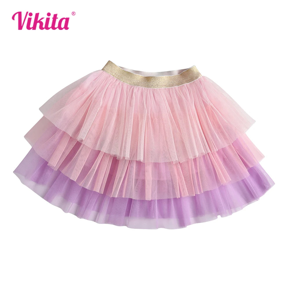 VIKITA Girls Princess Skirts Kids Layered Mesh Tulle Tutu Mini Skirt Girls Birthday Party Performance Ballet Skirt Kids Clothing