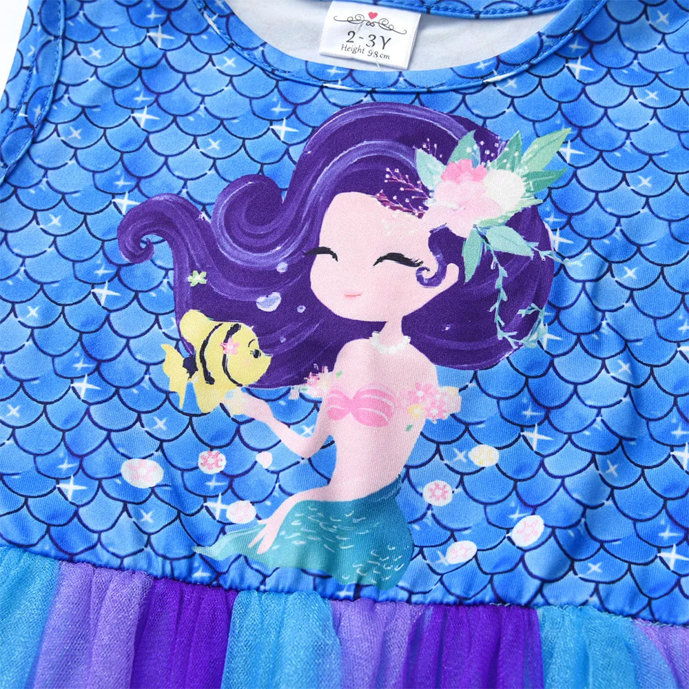 VIKITA Kids Summer Sleeveless Dress Girls Mermaid Cartoon Print Vestidos Kids Birthday Party Mesh Tulle Princess Patchwork Dress