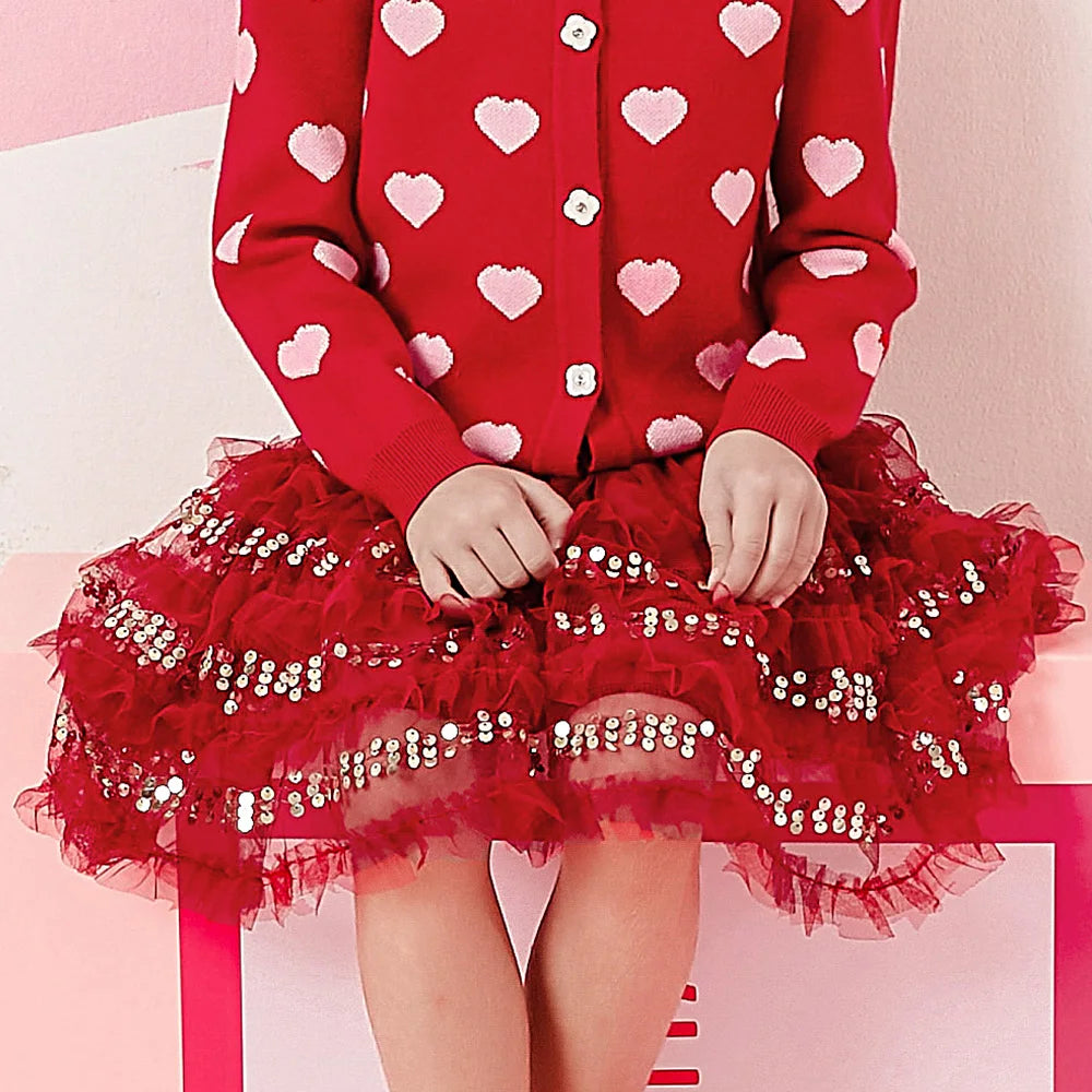 VIKITA Kids New Year Christmas Festival Red Sequined Skirts Girls Layered Mesh Tulle Tutu Cake Princess Mini Skirts Kids Clothes