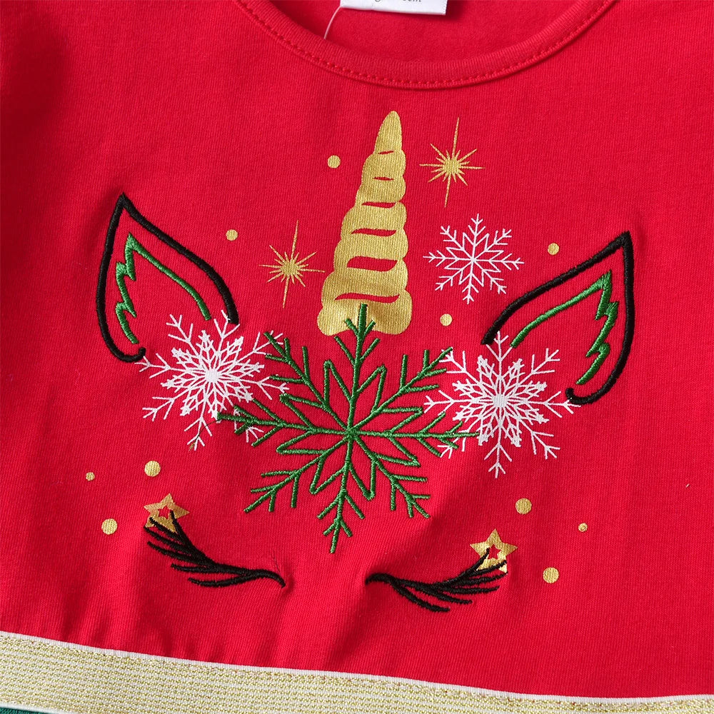 VIKITA 2025 New Girls Christmas Green Red New Year Princess Tutu Dress Kids Unicorn Snowflakes Autumn Winter Party Prom Gown