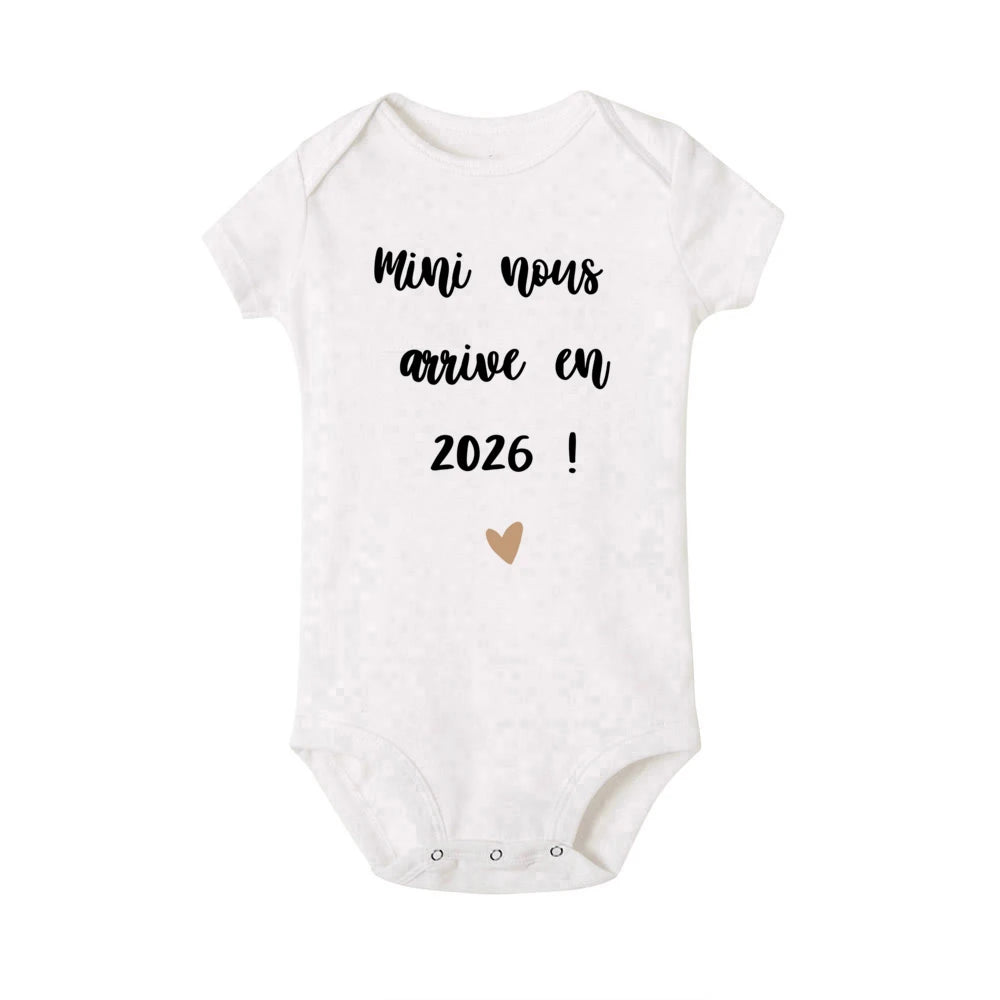 Mini Nous Arrive on 2026 Infant Romper Baby Casual Short Sleeve Jumpsuit Newborn Rompers Pregnancy Reveal Clothes