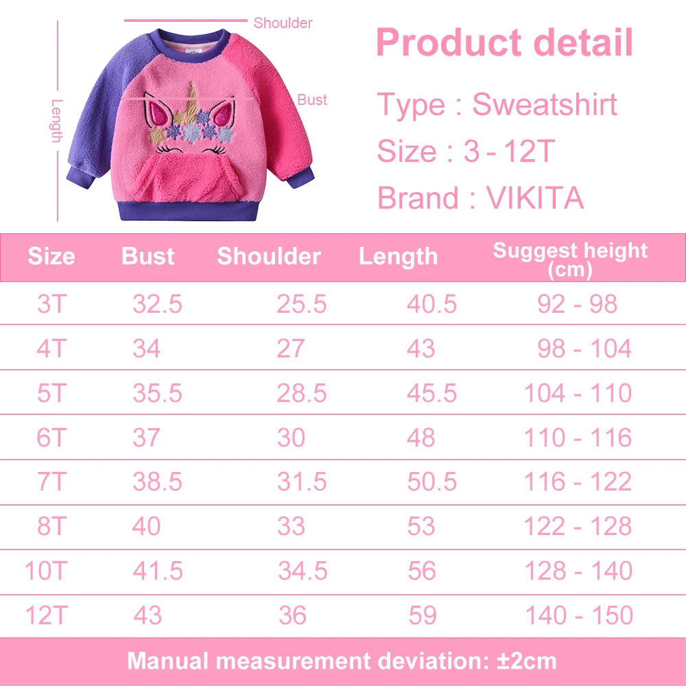 VIKITA Girls Fleece Sweatshirts Kids Autumn Winter Unicorn Appliqued Long Sleeve Sports Casual Outwear Children's Tops Pullover