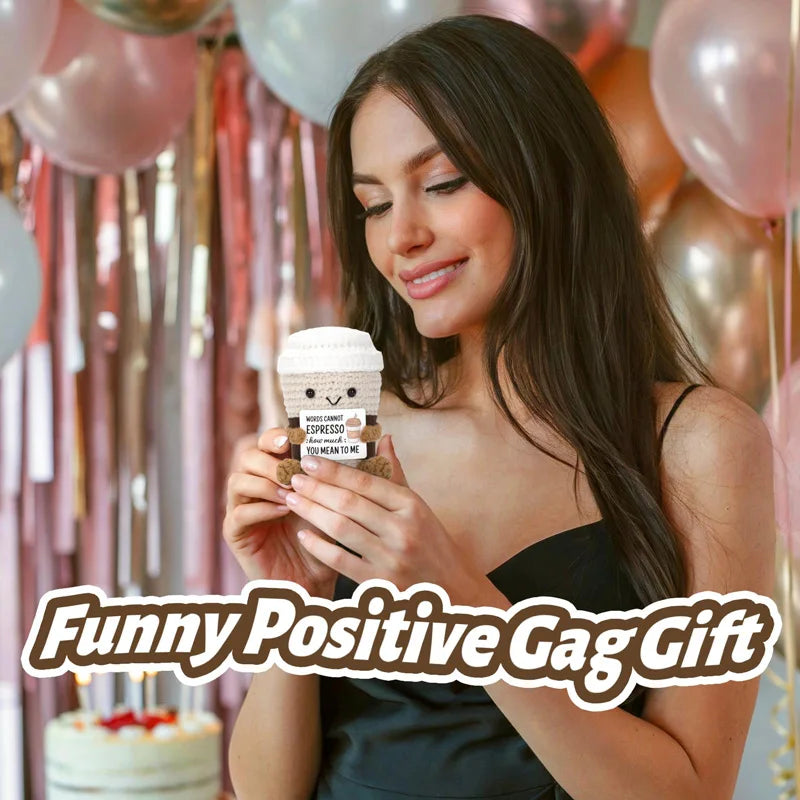 Funny Crochet Positive Coffee Emotional Support Cute Crochet Handmade ornaments with Positive Card Cheer Up Gift for Best Friend