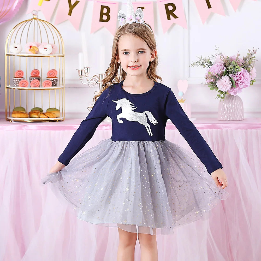 VIKITA Girls Unicorn Print Dress Kids Sequins Princess Dresses Kids Long Sleeve Autumn Spring Patchwork Mesh Tulle Cute Dresses