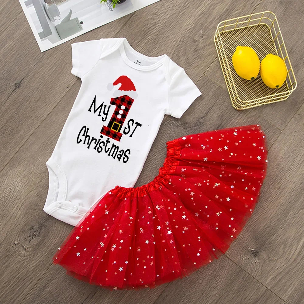My First Christmas Newborn Girl Red Romper Jumpsuit Baby Girl Casual Short Sleeve Toddler Cake Dresses Christmas Best Gifts