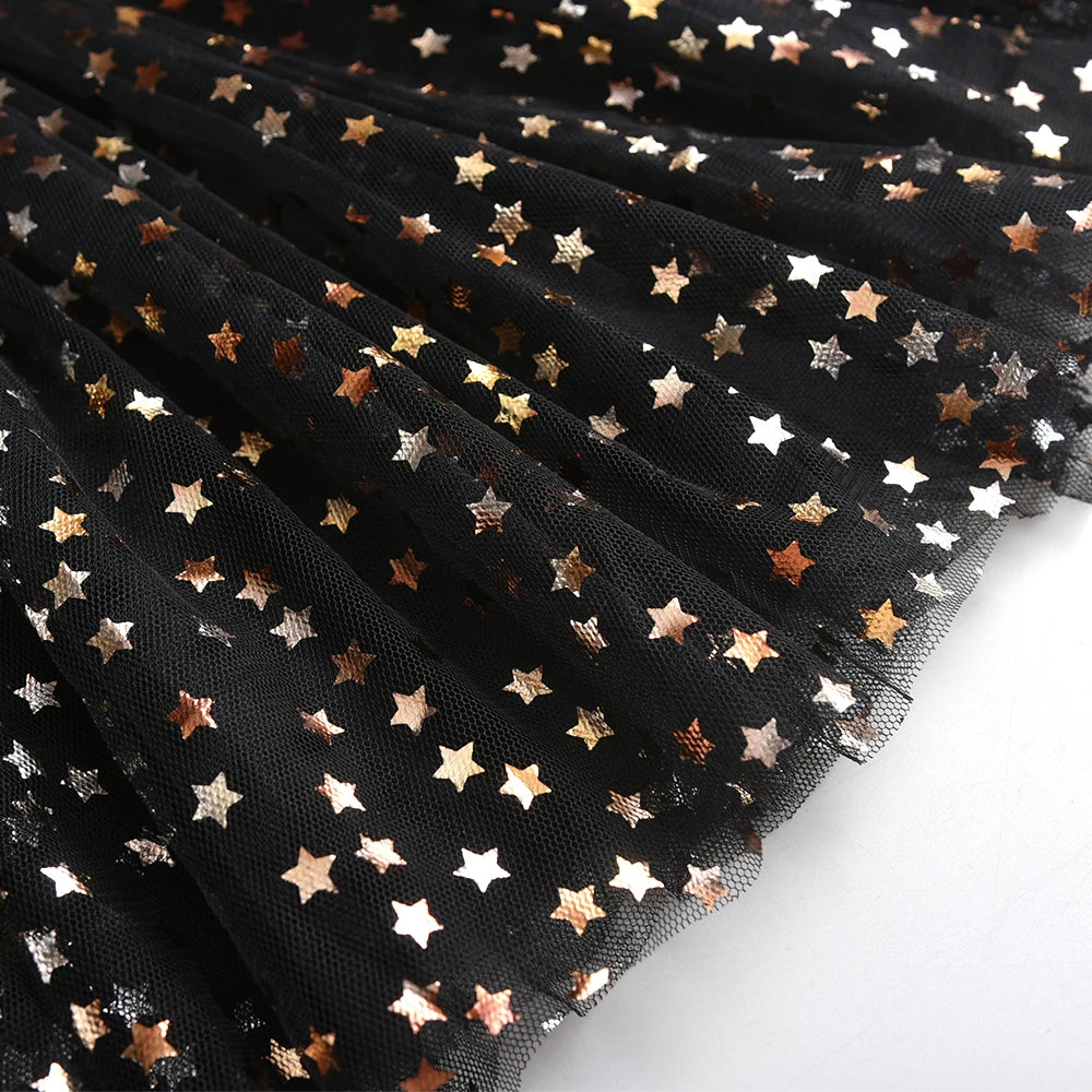 VIKITA Girls Golden Silvery Star Sequins Mesh Tutu Skirts Glittery Black Tulle Princess Party Dance Ballet Elegant Mini Skirt