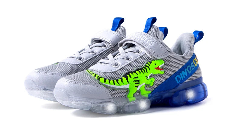 EXDINO T-REX LED 2-9Y Boys Spring Autumn Mesh Tennis Shoes Glowing Children's Kids Flashing Jelly Sole Light Up Casual Sneakers
