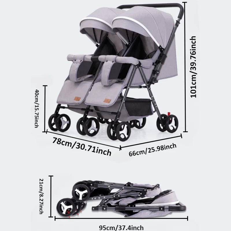 Double Stroller Sit & Lying Side By Side Lightweight Foldable Twin Umbrella Stroller with Universal Front Wheel Two-way Stroller