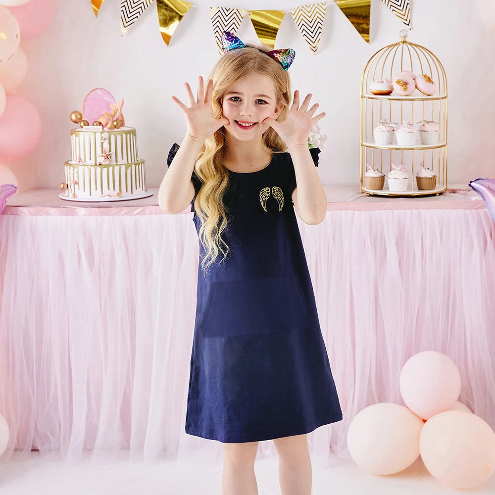 DXTON Kids Wing Sequined Dress Toddlers Flare Sleeve 100% Cotton Vestidos with Pockets Kids Unicorn Cartoon Casual Summer Wear