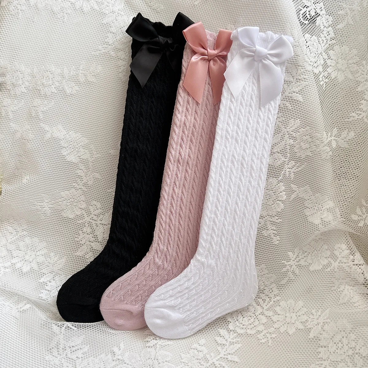 3pairs Girls Bow Decor Over The Calf Long Socks