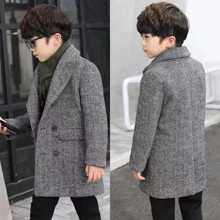 Boys Autumn Winter Quilted Thickened Wool Coat Korean Style New Big Kids Mid Length Stylish Coat