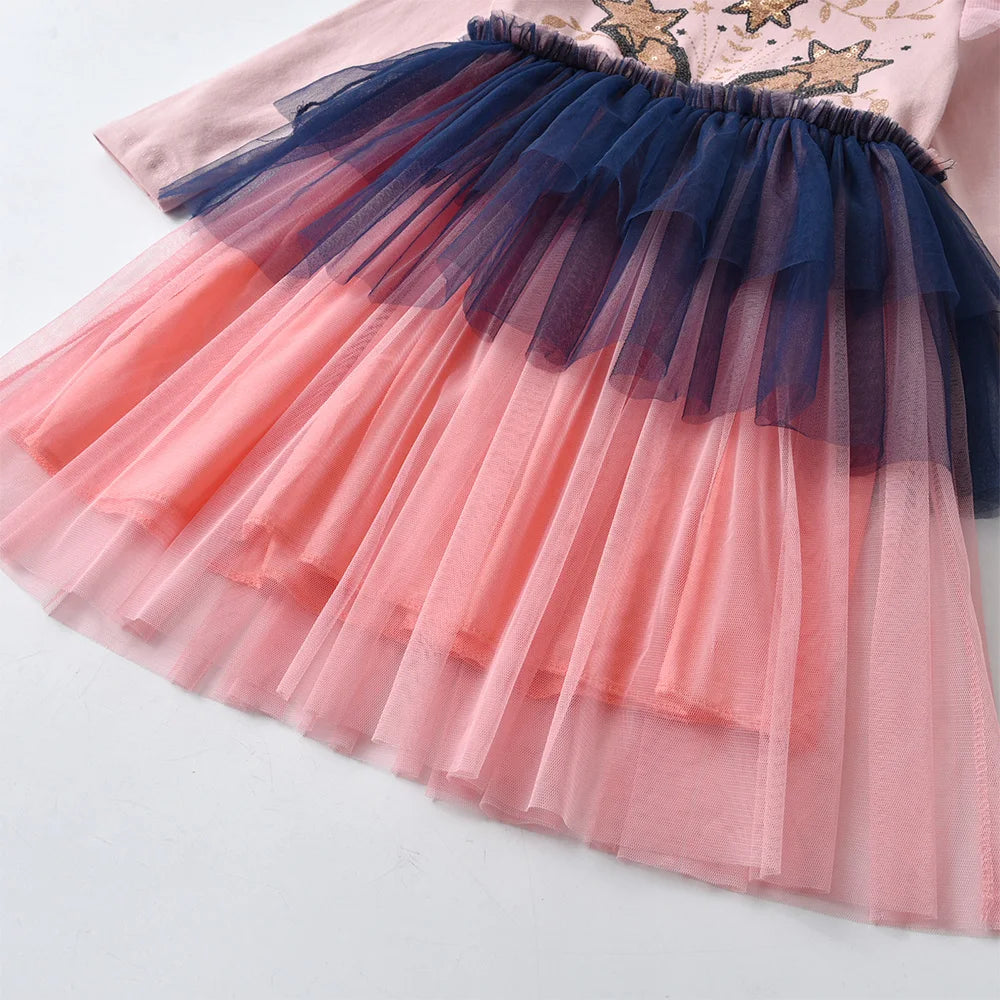 VIKITA Kids Pink Dress Girls Long Sleeve Autumn Spring Dress Kids Star Sequins Appliqued Vestidos Layered Princess Casual Wear